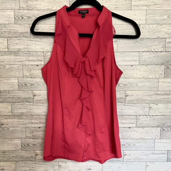 Express Elite Stretch Red Sleeveless  Ladies Jabot Top with Sheer Front Ruffle - Picture 4 of 13